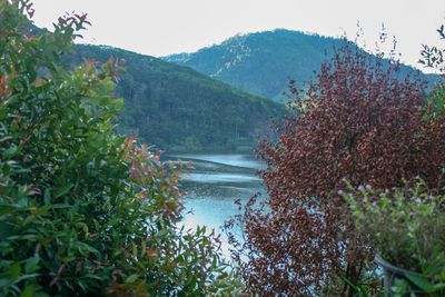 Scenic view of lake and mountains against clear sky