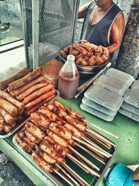 High angle view of street food stall at market