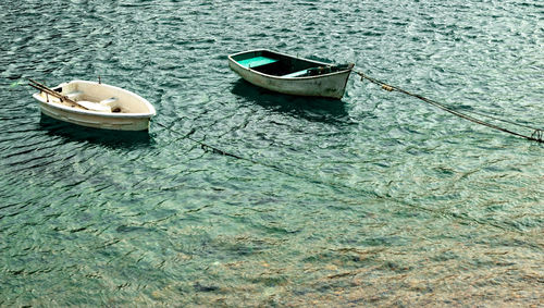 High angle view of boat moored on sea