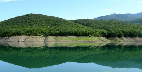 Scenic view of lake and mountains against sky