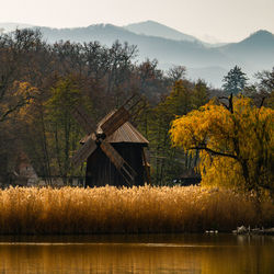 Scenic view of lake against sky during autumn