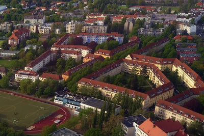 High angle view of townscape and buildings in city