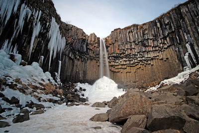 Panoramic shot of icicles on rock against sky during winter