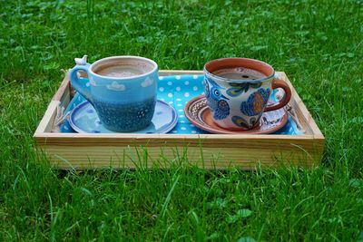 Coffee cup on field