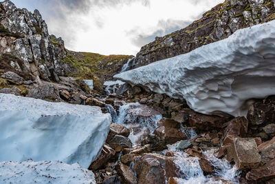 A mountain stream with residues of snow in the spring, ben nevis, fort william, scotland