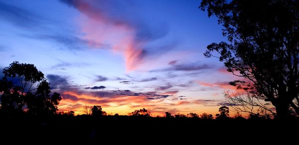 Silhouette trees against dramatic sky during sunset
