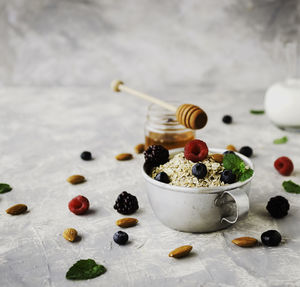 High angle view of breakfast on table