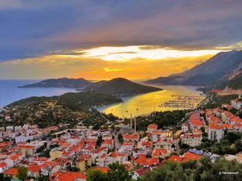 High angle view of townscape against sky during sunset