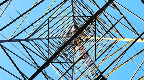 Low angle view of construction site against clear blue sky