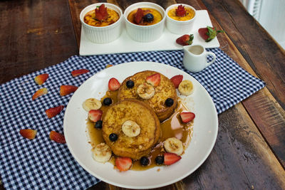 High angle view of breakfast served on table