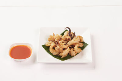 High angle view of food in plate on table