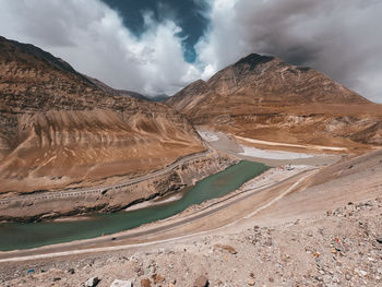 Panoramic view of arid landscape and mountains against sky