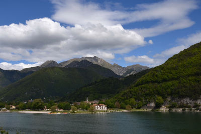 Scenic view of lake against cloudy sky