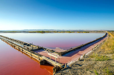 Scenic view of lake against clear blue sky