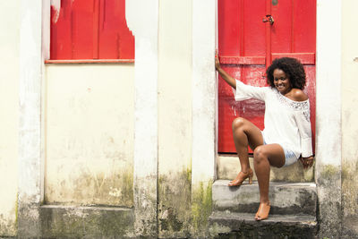 Beautiful model posing for the photo on the streets of pelourinho. salvador, bahia, brazil.