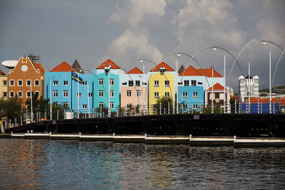 Houses by river against sky