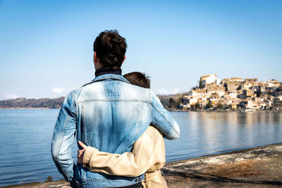 Couple traveling to anguillara sabazia in italy.romantic atmosphere and copy space for your message.