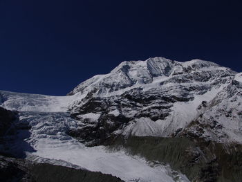 Scenic view of snowcapped mountains against clear sky