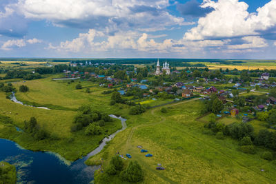 The village of dunilovo from a bird's eye view on a summer day, shuisky district, ivanovo region.