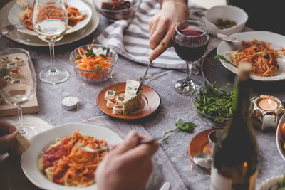 High angle view of food served on table