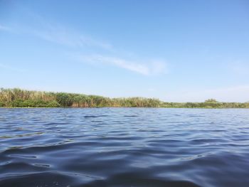 Surface level of lake against sky