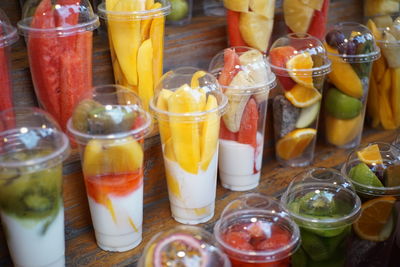 Close-up of fruits in glass on table