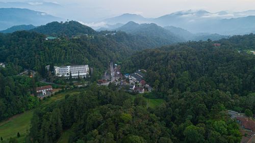 High angle view of trees and buildings against mountains