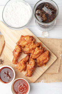 High angle view of breakfast on table