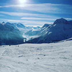 Scenic view of snowcapped mountains against sky