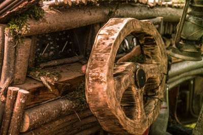 Close-up of abandoned rusty wheel