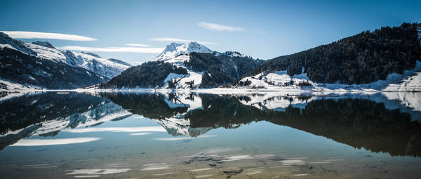 Scenic view of lake against sky during winter