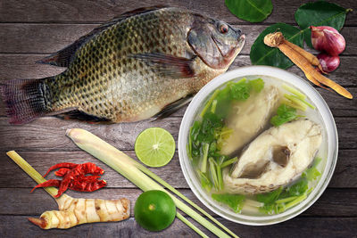 High angle view of fish in bowl on table