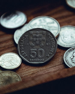 High angle view of coins on table