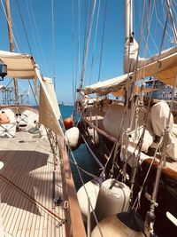 Sailboats moored in sea against sky