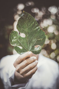 Man holding green leaf while standing outdoors