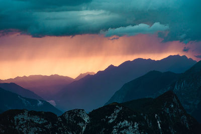 Scenic view of mountains against sky during sunset