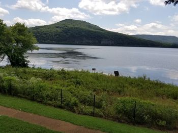 Scenic view of lake and mountains against sky