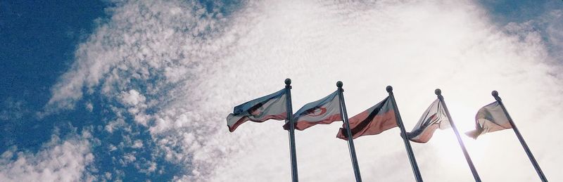 Panoramic of national flags against sky