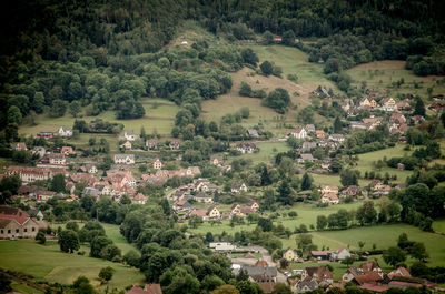 High angle view of houses in town