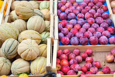 Honeydew melons and plums for sale at a market in naples, italy