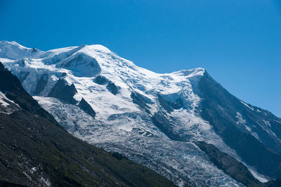 Scenic view of snowcapped mountains against clear blue sky