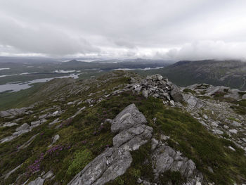 View from mountain ridge overlooking lake-strewn landscape