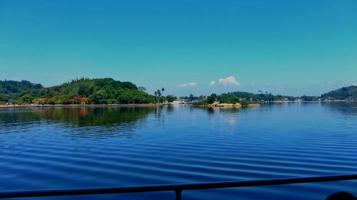 Scenic view of lake against clear blue sky