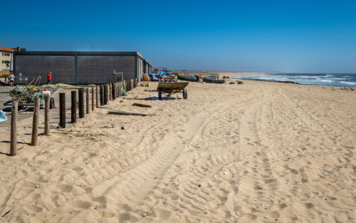 Scenic view of beach against clear blue sky