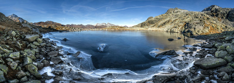 Panoramic view of frozen lake against sky