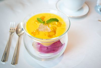 High angle view of food in bowl on table