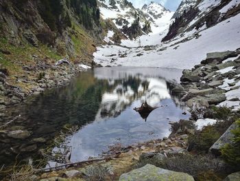 Scenic view of lake by snowcapped mountains