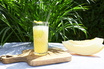 Refreshing iced melon cocktail or smoothie garnished with a sprig of mint. 