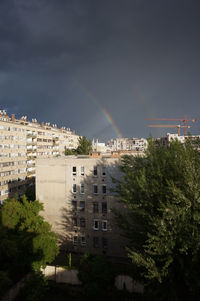 Rainbow over buildings in city against sky