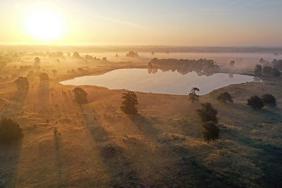 Aerial from sunrise in the forest from friesland in the netherlands